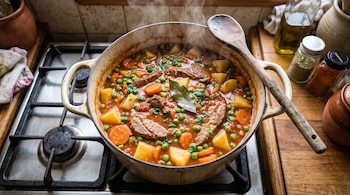 Cacerola con guisado de carne, papas, zanahorias, arvejas y una hoja de laurel sobre una hornalla, junto a una cuchara de madera.