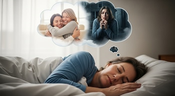 Una mujer adulta duerme de lado en una cama, con una nube translúcida sobre su cabeza mostrando una escena de felicidad y un abrazo, y otra de miedo en un bosque oscuro.