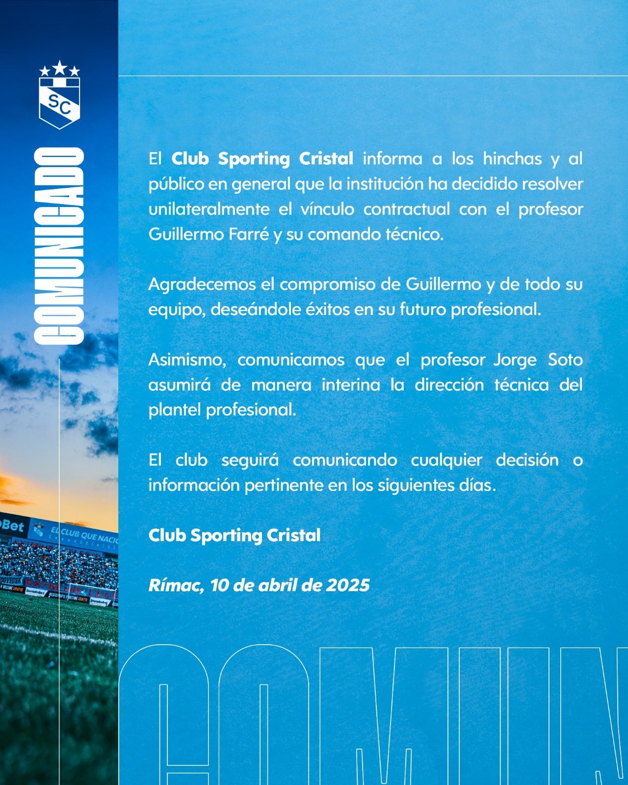 Comunicado de Sporting Cristal sobre la salida de Guillermo Farré en 2025.
