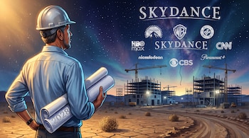 Hombre de espalda con casco y plano numerado 2028 observa grúas, edificios en construcción y logotipos flotantes de Skydance y Paramount.