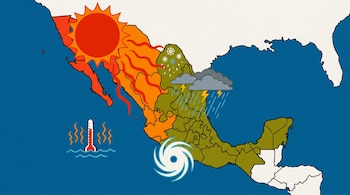 Mapa de México con sol, olas de calor, huracán, nubes de lluvia, nieve y termómetro de El Niño en el Pacífico.