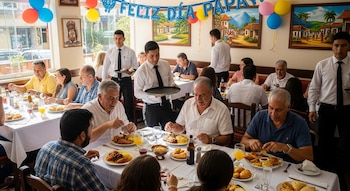 Un concurrido restaurante en Colombia celebra el Día del Padre con familias cenando en mesas blancas y meseros sirviendo. Hay globos y un cartel "Feliz Día Papá".
