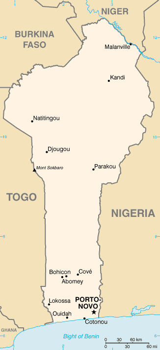 Un mapa geográfico de Benin señala la ubicación de su capital Porto-Novo y sus fronteras territoriales en África Occidental (Wikimedia Commons)