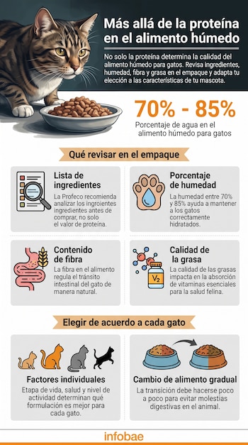 Infografía con la ilustración de un gato junto a un plato, datos de humedad del 70% al 85% y consejos sobre el empaque y la nutrición felina.