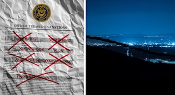 Composición dividida: un documento arrugado de sanciones del Tesoro de Estados Unidos con nombres tachados, y la frontera México-Estados Unidos de noche con luces urbanas.