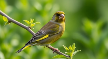 Un verderón europeo con plumaje verde oliva y amarillo intenso está posado en una rama delgada con brotes verdes, sobre un fondo de vegetación borrosa.