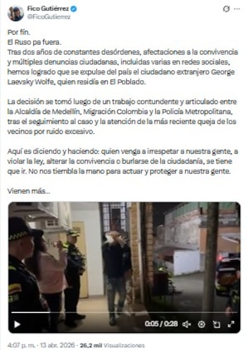 El alcalde de Medellín, Federico Gutiérrez, advirtió que vendrán más extranjeros expulsados por su comportamiento desmedido - crédito @FicoGutierrez/X