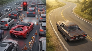 Una imagen dividida: a la izquierda, un auto deportivo rojo en trafico con semaforo rojo; a la derecha, un auto clasico oxidado en una carretera rural.