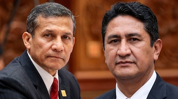 Primer plano de los políticos peruanos Ollanta Humala con corbata roja y Vladimir Cerrón con corbata oscura, ambos con traje.