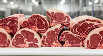 Múltiples cortes grandes de carne vacuna cruda, con grasa visible, apilados sobre una superficie blanca y un fondo industrial desenfocado.