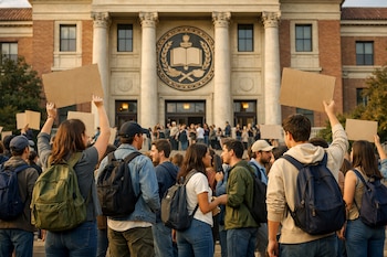 Grupo de estudiantes de espaldas y perfil con mochilas, algunos con pancartas en blanco, frente a un edificio universitario clásico con columnas y un gran escudo circular.
