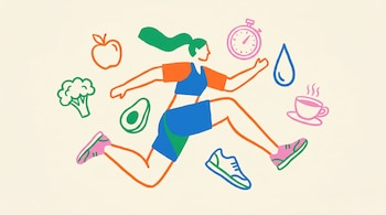 Ilustración plana de una persona corriendo, cabello verde, ropa azul y naranja. Íconos de manzana, brócoli, aguacate, cronómetro, gota de agua, taza de té y zapatillas flotan alrededor.