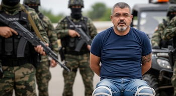 Hombre detenido con ojos difuminados, barba y cabello entrecano, sentado frente a militares en camuflaje con armas. Una cuatrimoto oscura es visible al fondo.