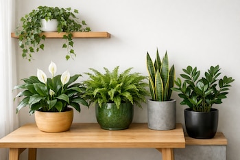 Cinco plantas de interior en macetas sobre una repisa y mesa de madera. Incluye hiedra, lirio de la paz, helecho, lengua de suegra y zamioculca.