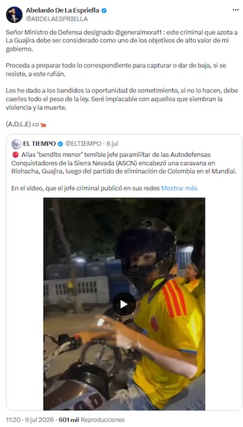 Abelardo de la Espriella ordenó captura inmediata de alias Bendito Menor - crédito @ABDELAESPRIELLA/X
