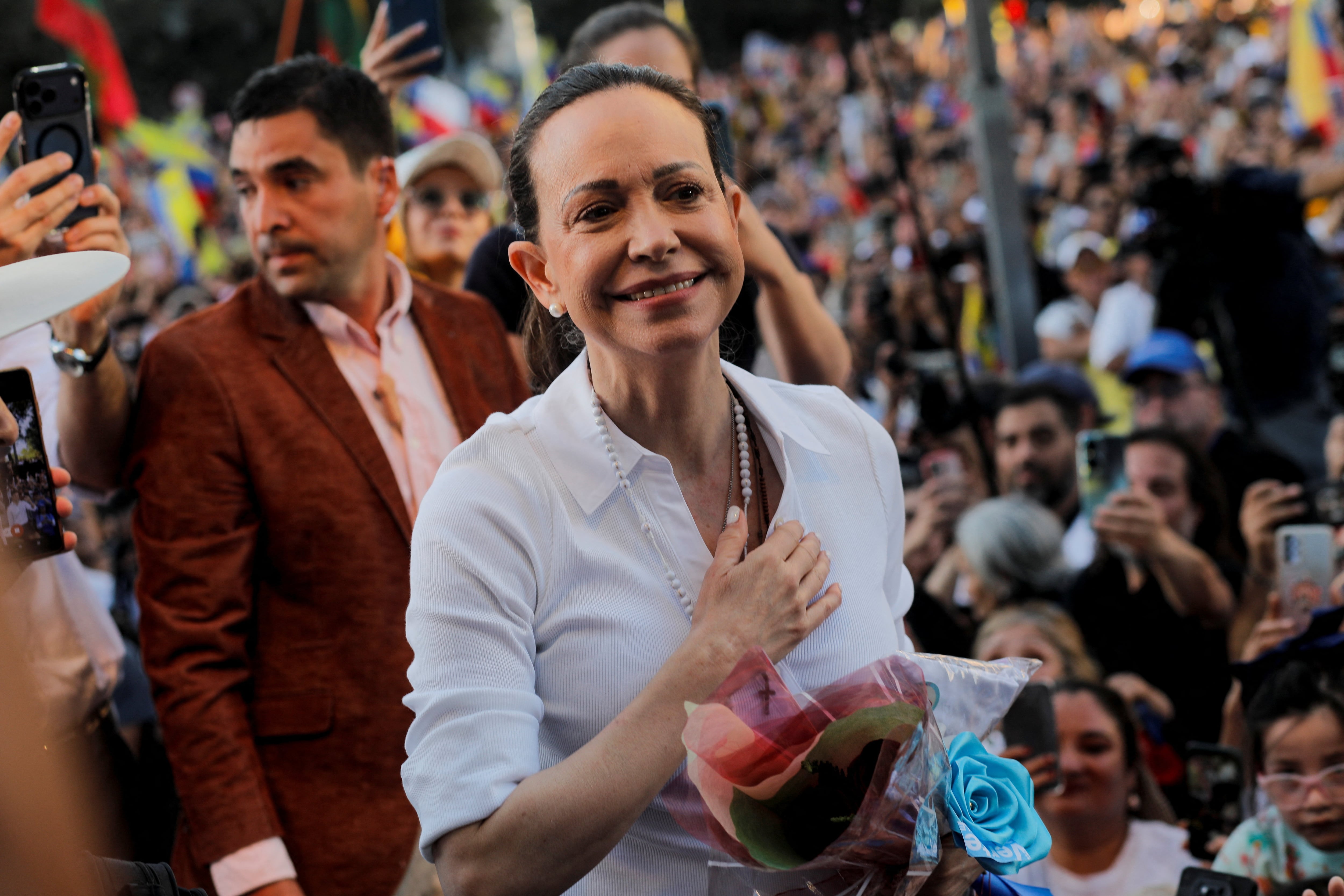 La líder opositora venezolana y Premio Nobel de la Paz, María Corina Machado, durante un acto para reunirse con miembros de la comunidad venezolana residente en Chile, el 12 de marzo de 2026 (REUTERS/Amilix Fornerod)