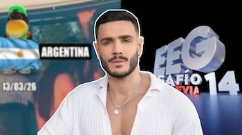 Mario Irivarren, un hombre con barba y camisa blanca abierta, al frente de un fondo difuminado con la bandera de Argentina y el logo de EEG.