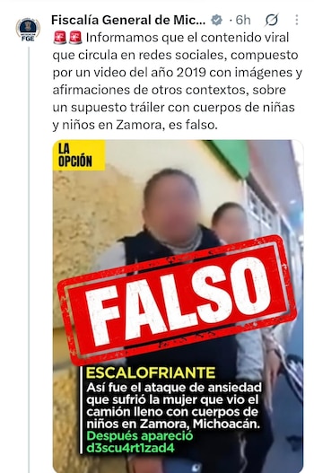 Publicación en redes sociales de la Fiscalía de Michoacán con una imagen sobrepuesta con el sello en rojo de la palabra FALSO