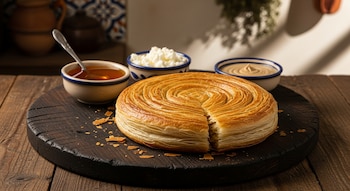 Un feteer meshaltet redondo con capas visibles en una tabla de madera oscura, junto a cuencos de miel, queso blanco y tahini, en una cocina de tonos cálidos.