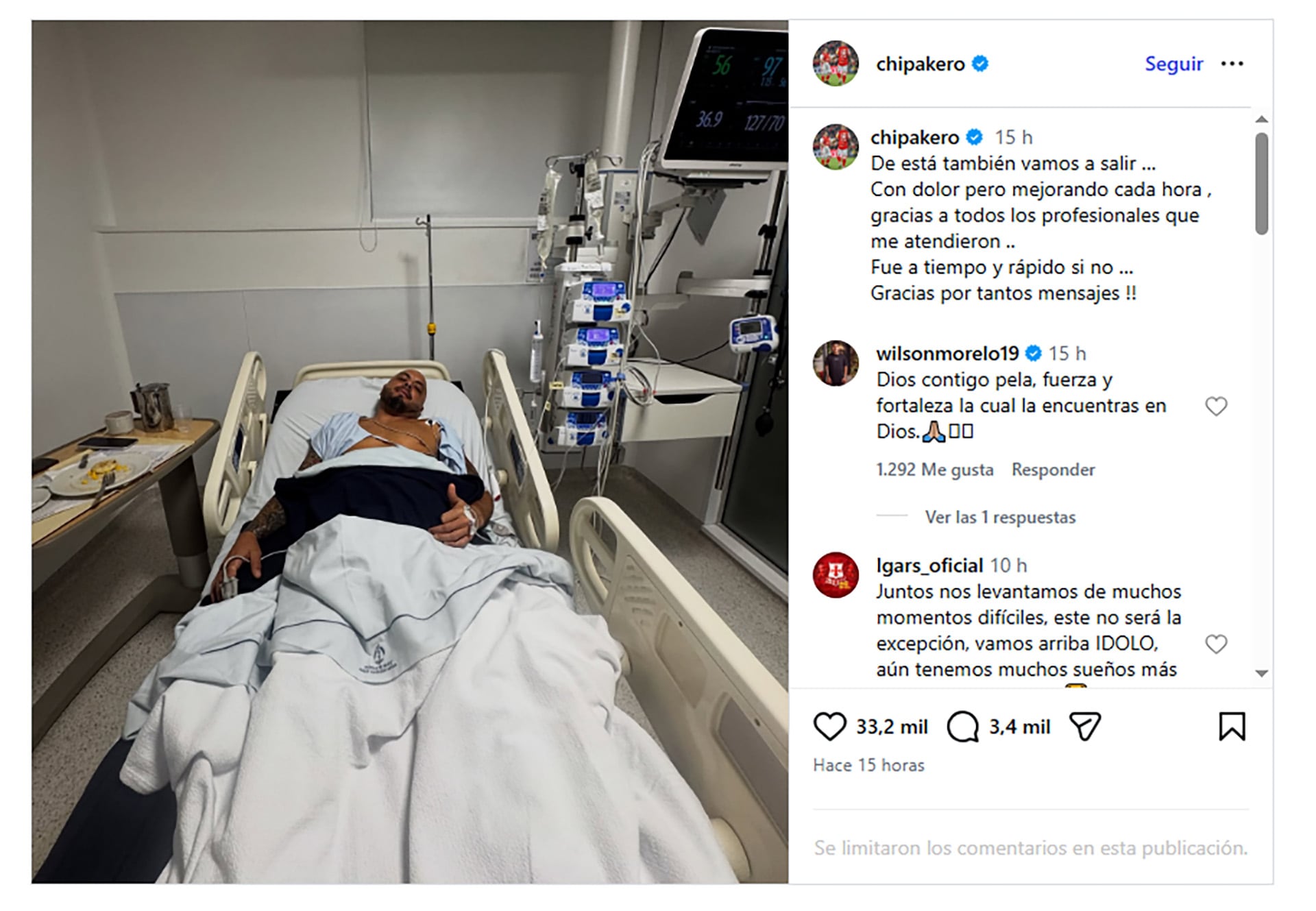 El posteo de Omar Pérez luego de haber sufrido un infarto en Colombia (@chipakero Instagram)