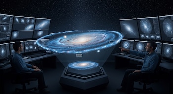 Dos hombres sentados en una sala oscura observan una proyección holográfica de una galaxia espiral azul. Múltiples monitores muestran datos e imágenes de galaxias.