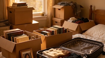 Dormitorio con varias cajas de cartón abiertas llenas de libros y ropa. Una maleta negra abierta con ropa está sobre una cama blanca, cerca de una ventana soleada.
