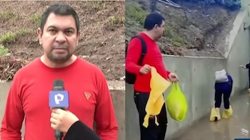 Vendedor improvisa con bolsas para cruzar el bypass inundado en San Juan de Miraflores y relata: “Así puedo llevar un pan a mi mesa”