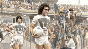 Ilustración acuarela detallada de dos jugadores de fútbol de Pumas en uniformes blancos, sosteniendo balones, rodeados por una multitud de aficionados en un estadio.