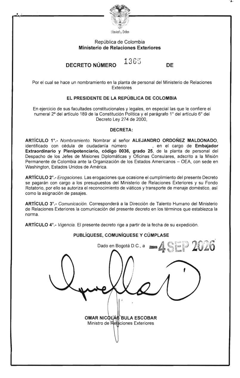 El nombramiento de Alejandro Ordóñez como embajador ante la OEA fue el tercer decreto diplomático oficializado por la administración De la Espriella - crédito Suministrado