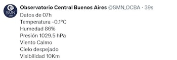 Logotipo del SMN y texto que detalla datos meteorológicos: temperatura -0.1°C, humedad 86%, presión 1029.5 hPa, viento calmo, cielo despejado, visibilidad 10 kilómetros