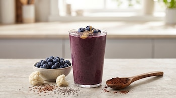 Vaso con batido violeta, un cuenco con arándanos, dos trozos de coliflor, semillas sueltas y una cuchara de madera con cacao en polvo.