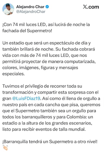 Alejandro Char y Luis Díaz recorrieron las obras de modernización del estadio Metropolitano Roberto Meléndez en Barranquilla.- crédito @AlejandroChar/X