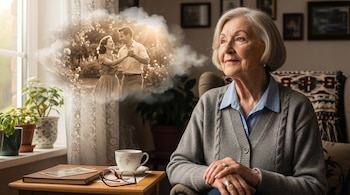 Una anciana sentada en un sillón con una nube de recuerdo a su izquierda mostrando una pareja joven bailando en sepia. Sobre una mesa hay una taza y anteojos.