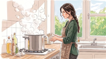 Ilustración de una mujer con delantal que limpia sus manos junto a una olla con vapor, botellas y ajos sobre la encimera.