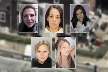 Composición de cinco retratos de mujeres sobre un fondo borroso de una zona residencial