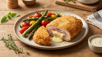 Plato con Cordon Bleu de pollo empanizado, cortado con queso y jamón fundido visible. Incluye espárragos, tomates cherry, calabacín y pimientos asados.