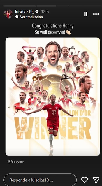 El "Guajiro" felicitó al delantero inglés t ras su coronación en el Balón de Oro, siendo el primero en ganarlo después de 25 años con Michael Owen-crédito @luisdiaz19_/Instagram