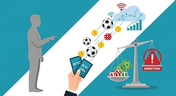 Ilustración: una mano sostiene tarjetas de apuestas digitales. Balones, dados y monedas van a una nube. Una silueta observa una balanza con dinero y símbolo de adicción.