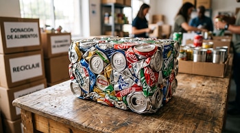 Un bloque de latas de aluminio prensadas sobre una mesa de madera, con cajas de cartón etiquetadas y personas al fondo.