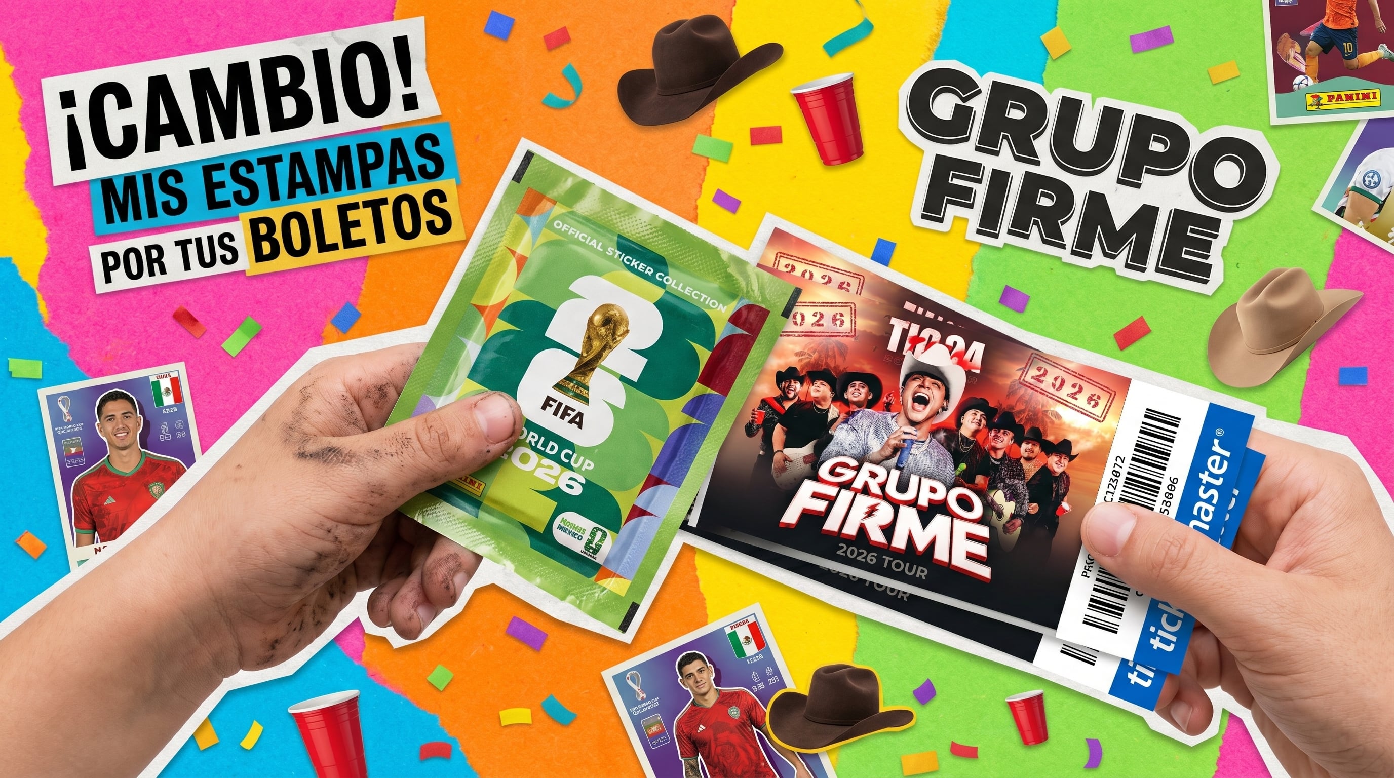 Una mano de niño intenta cambiar un sobre de estampas Panini por boletos de Ticketmaster para Grupo Firme, en un divertido y vibrante collage. (Imagen Ilustrativa Infobae)