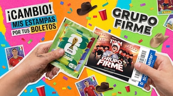 Mano de niño intercambia sobre de estampas Panini (Mundial 2026) por boletos de Ticketmaster para Grupo Firme en un collage colorido.