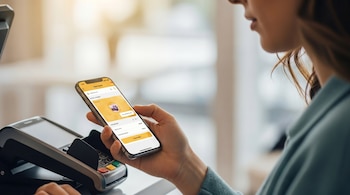 Una mujer con una blusa verde azulado sostiene un smartphone con una aplicación de interfaz amarilla/naranja mientras interactúa con un terminal de pago gris y negro.