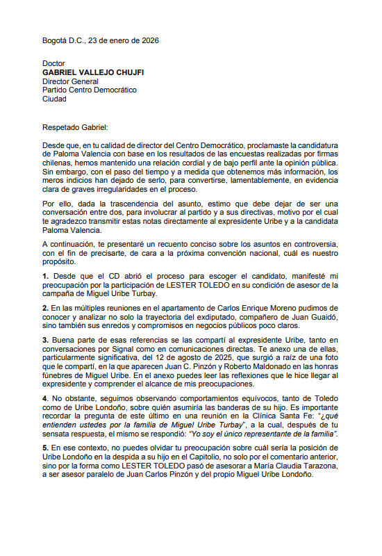 Carta enviada por José Félix Lafaurie a las directivas del Centro Democrático, donde expresó su inconformidad con el proceso de elección del candidato presidencial - crédito X