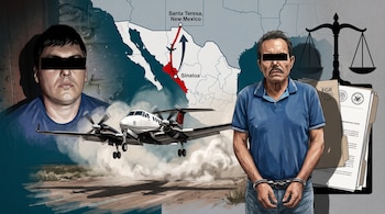 Retratos de dos hombres con ojos cubiertos, avión despegando, mapa con ruta de Sinaloa a Santa Teresa, y documentos judiciales con balanza y esposas.