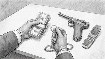 Ilustración en blanco y negro. Dos manos con billetes, un anillo y cadenas sobre una mesa junto a una pistola y un teléfono móvil.