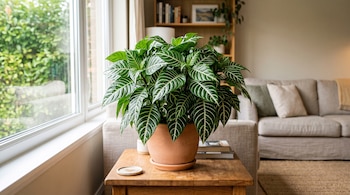 Planta de hojas verdes con nervaduras blancas en maceta de terracota sobre mesa de madera, junto a una ventana y un sofá.