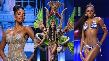 Tres fotografías de una mujer con vestido de gala plateado, traje típico alegórico de serpiente y traje de baño estampado de dos piezas