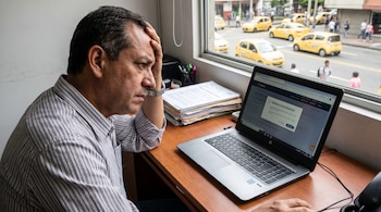 Un hombre de mediana edad, con una camisa a rayas, se sienta frente a un laptop con "TRANSACCIÓN PENDIENTE" en pantalla, mano en la frente, con taxis en la calle de fondo.