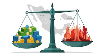 Balanza de dos platos con montones de dinero desbordándose en el lado izquierdo y figuras abstractas de personas rojas en el derecho, con un mapa de México de fondo.