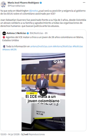 María José Pizarro exigió postura firme del Estado colombiano por asesinato de Joan Sebastián Guerrero en EE. UU. - crédito @PizarroMariaJo/X